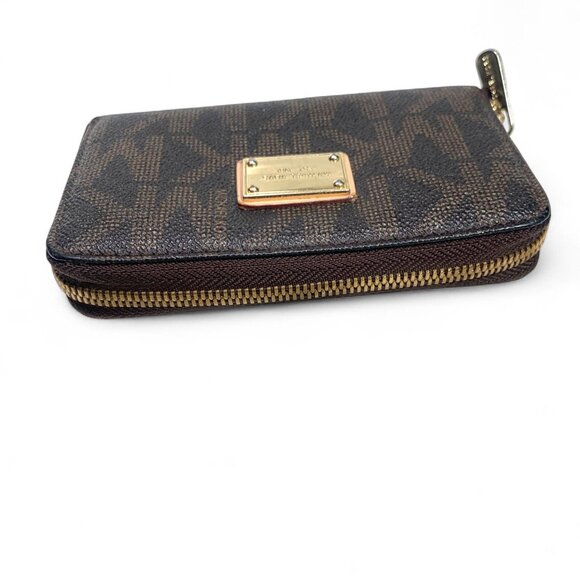Michael Kors Small Monogram Zip Around Wallet Brown Leather Gold Logo Plate - Picture 3 of 8